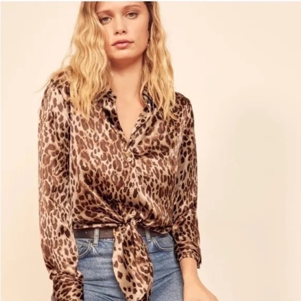 Reformation Quattro Silk Leopard Print Long Sleeve Button Down Top in Cat